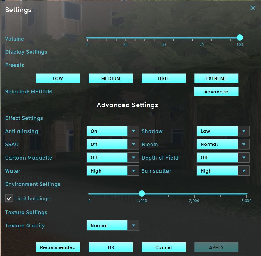 The settings screen. The settings screen allows you to adjust the graphics.