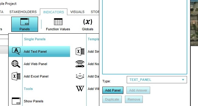 Adding a text panel in 2 ways. Left: via the ribon hover menu. Right: via the add button.