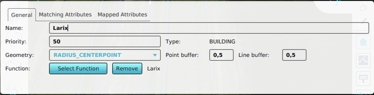 Example of a geolink for a type of tree where the geometry is always converted to the tree's trunk by taking the geometry's center point and buffering it with 0.5 meters.