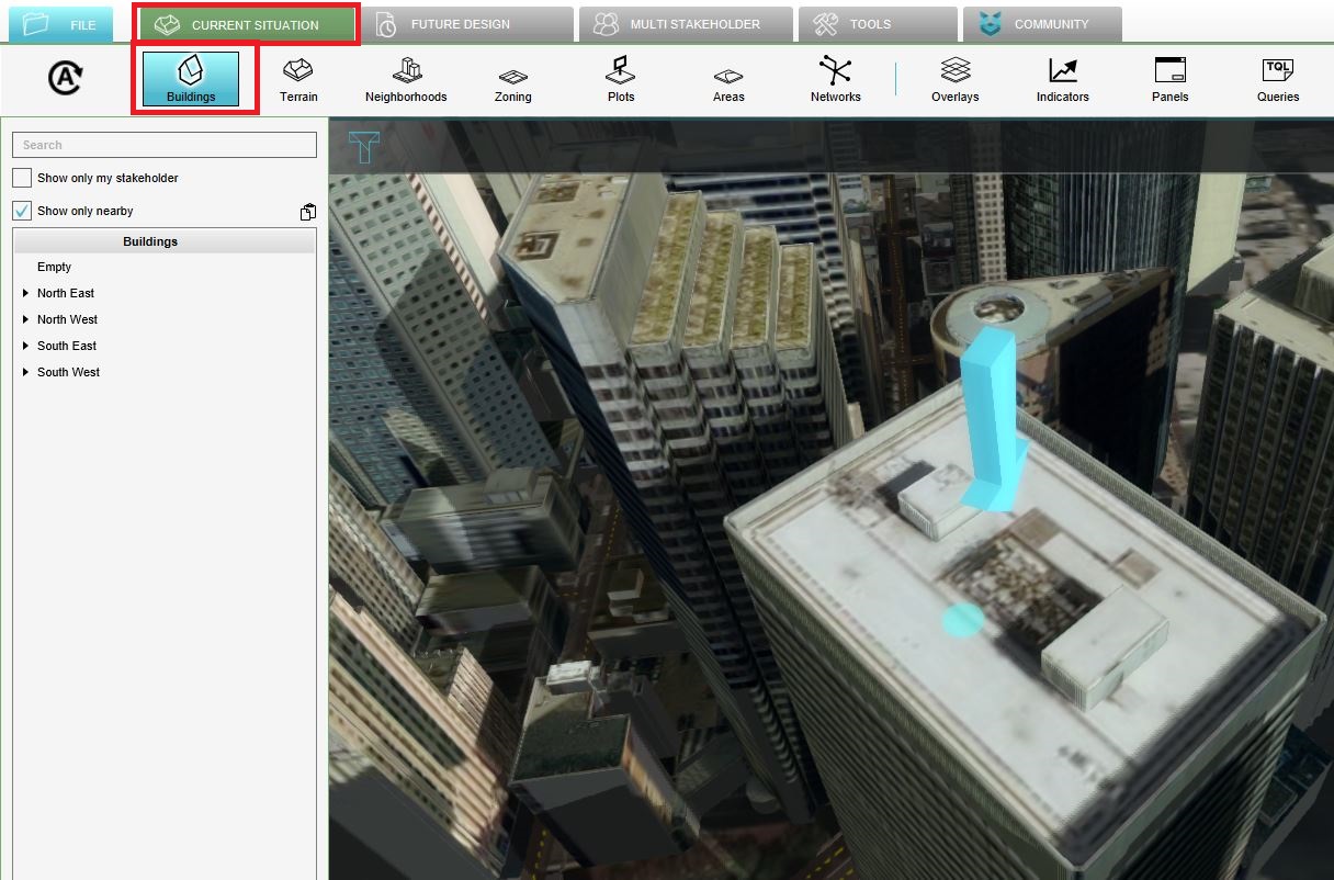Click in the Current tab on the Buildings button and click on the building with the arrow.