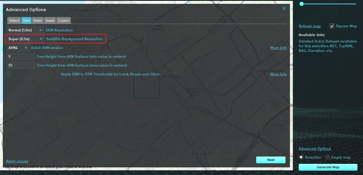 Specifying the resolution of the satellite images before generating a project.