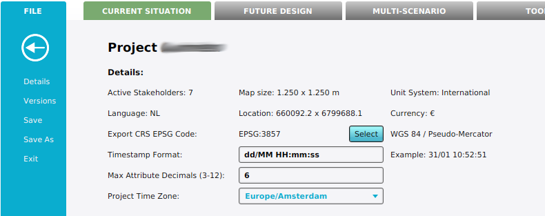 The project details showing the Map size and the Location (World reference Point) of a project.